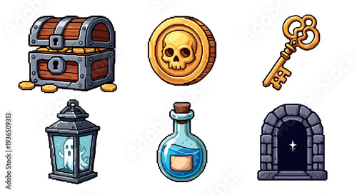 Pixel art fantasy game items collection showcasing a treasure chest, skull coin, golden key, ghost lantern, potion, and stone archway.