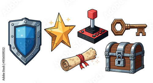 Collection of classic video game items and power-ups including a shield, star, joystick, key, scroll, and treasure chest, rendered in a vibrant cartoon style.
