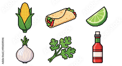 Pixel art Mexican food ingredients and dishes collection featuring corn, burrito, lime, onion, cilantro, and hot sauce, rendered in a retro 8-bit style.