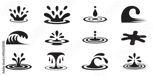 Water splash icon collection with droplet ripple wave and liquid motion symbols isolated on white background