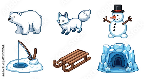 Pixel art winter elements collection featuring a polar bear, arctic fox, snowman, ice fishing, sled, and ice cave for game design.
