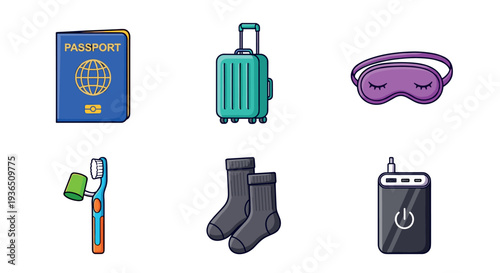 Travel essentials collection featuring a passport, suitcase, sleep mask, toothbrush, socks, and power bank for a comfortable journey.