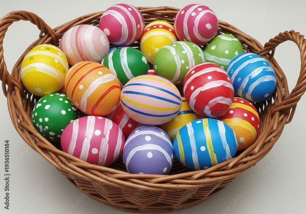 Fototapeta premium A brown basket filled with colorful easter eggs