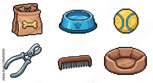 Dog accessories and pet supplies, including food, water bowl, toy, clippers, comb, and bed, rendered in a charming pixel art style.