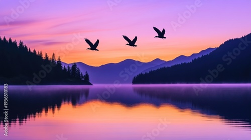Serene Lake at Dusk: Silhouette of three birds soaring gracefully above a tranquil lake, mirroring the pastel hues of the sunset, framed by rolling hills and lush trees.