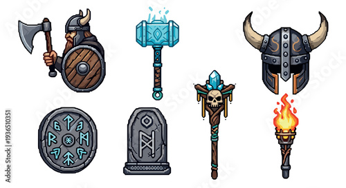 Viking fantasy game assets collection of pixel art includes warrior, hammer, helmet, staff, runes, and torch for medieval adventure designs.