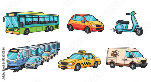 Various cartoon transportation vehicles are depicted in a collection, showcasing different modes of urban and public transit for daily travel.