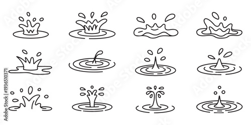 Water splash icon set. black line style water drops or waves on surface logo and emblem collection