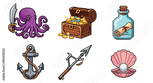 Pirate and ocean themed pixel art game elements including an octopus, treasure chest, message in a bottle, anchor, harpoon, and seashell with a pearl.