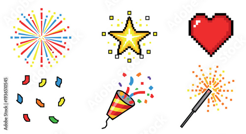 Pixel art celebration icons set features various festive elements including fireworks, a shining star, a heart, confetti, and a sparkler, perfect for retro-themed digital projects.