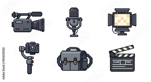 Video production equipment pixel art icons set featuring essential tools for filmmaking, broadcasting, and content creation in a charming retro 8-bit style.