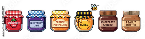 Strawberry, blueberry, orange, honey, chocolate, peanut butter spreads are depicted in charming pixel art jars, showcasing a delightful retro 8-bit graphic style.