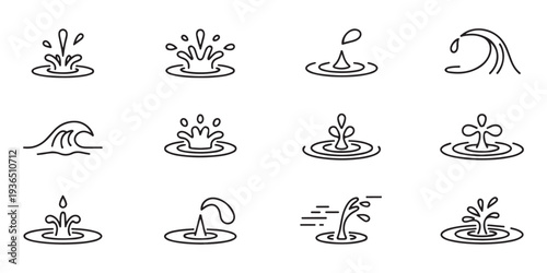 Linear water drop and splash icons showing various liquid movements and surface ripples for graphic design