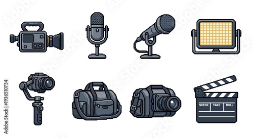 Media production equipment pixel art icons set featuring various tools for filmmaking, photography, and audio recording in a retro 8-bit style.