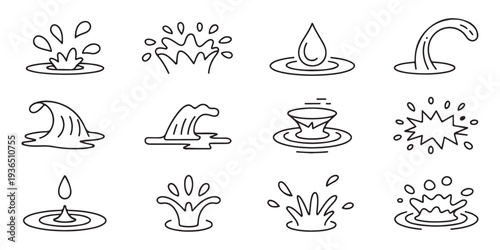 Water splash line icon set including ripples and droplets representing liquid motion on white background
