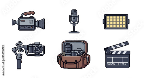 Video production equipment icons are displayed in a charming pixel art style, representing various tools for filmmaking and content creation.