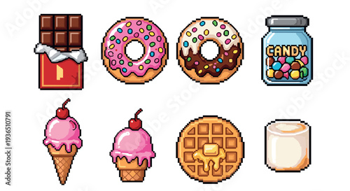 Pixel art food items including chocolate, donuts, candy, ice cream, waffle, and marshmallow represent a sweet collection of retro game style treats.