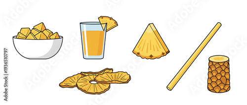 Pineapple fruit pieces, juice, and dried slices are presented alongside a core and straw in a vibrant, tropical vector illustration.