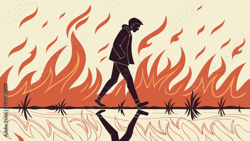 Man Walking on Water with Fiery Reflection Concept Art
