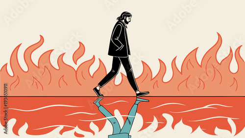 Man Walking on Water with Fiery Reflection Concept Art