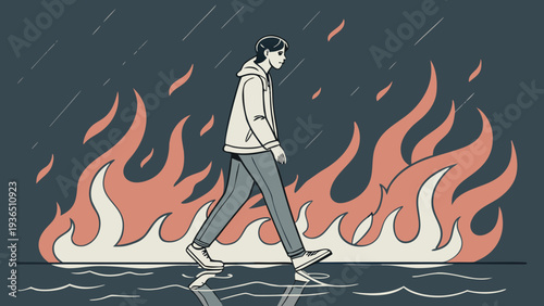 Man Walking on Water with Fiery Reflection Concept Art