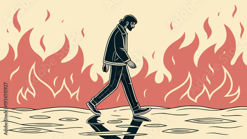Man Walking on Water with Fiery Reflection Concept Art