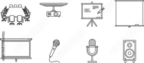 A collection of various presentation and audio visual equipment line drawings