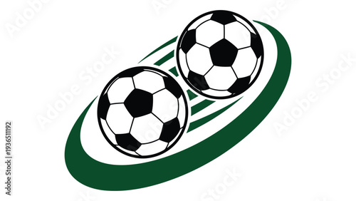 Two soccer balls on a green and white background
