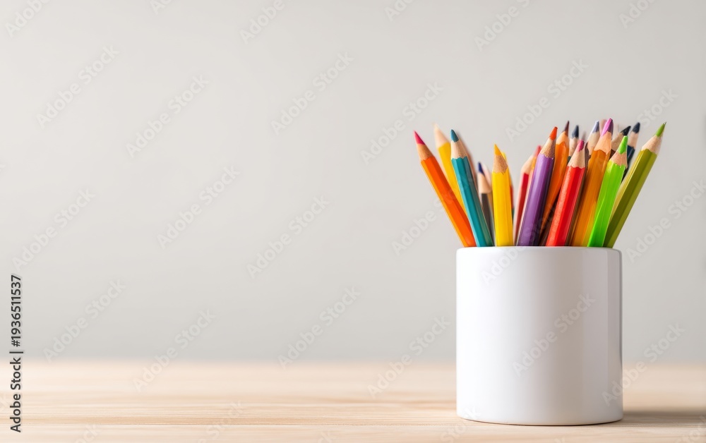 Fototapeta premium Colorful Crayons in White Container on a School Desk in Bright Scene