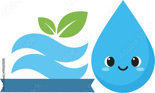 Playful cartoon water droplet character smiling alongside vibrant green leaves and flowing blue waves, depicting themes of natural purity, freshness, and sustainable environmental care