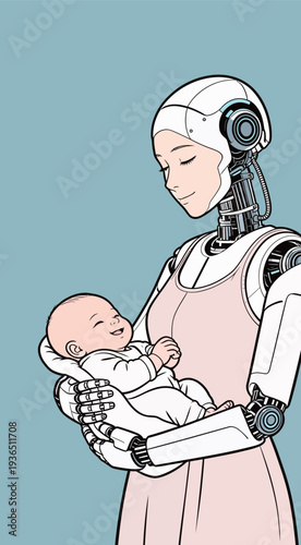 A robot holds a smiling baby in its arms. They are both relaxed, set against a light blue background, showcasing a tender moment.