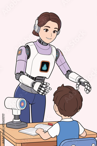 A robot teacher helps a young student with schoolwork at a desk. They are focused on learning together in a bright room.
