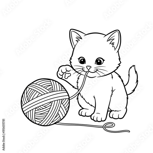 Cute kitten playing with yarn ball