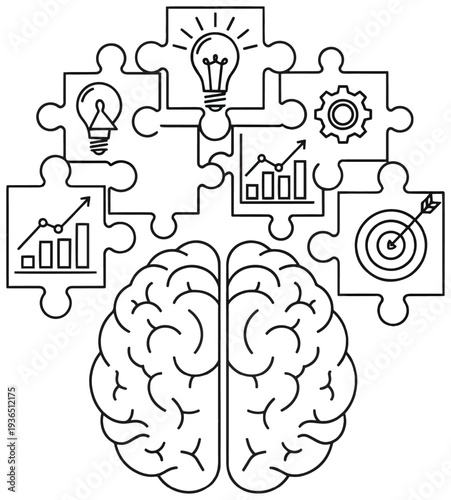 Line art illustration of idea development using puzzle pieces, brainstorming brain forming connected puzzle icons like a light bulb, gear, chart, and target, with a thin, uniform stroke.