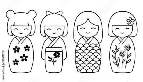 4 kokeshi illustration icons, in outline design