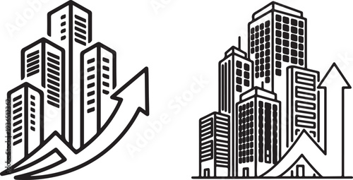 An abstract vector illustration of a modern urban city skyline featuring a silhouette of high skyscrapers and office buildings for a downtown business district design