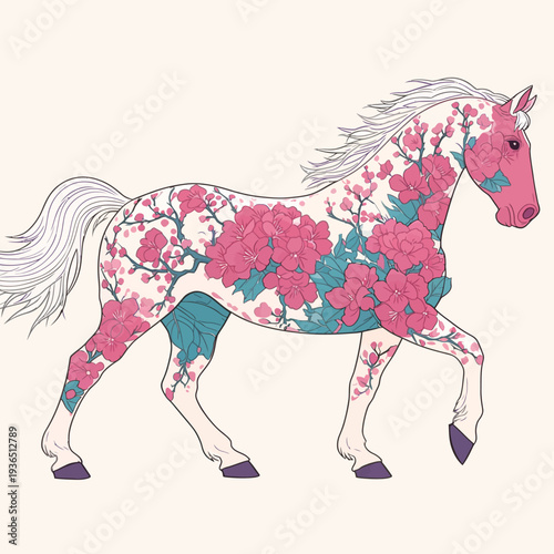 A horse walks with flowers covering its body in a simple setting. Its pink and blue design stands out clearly against the light backdrop.