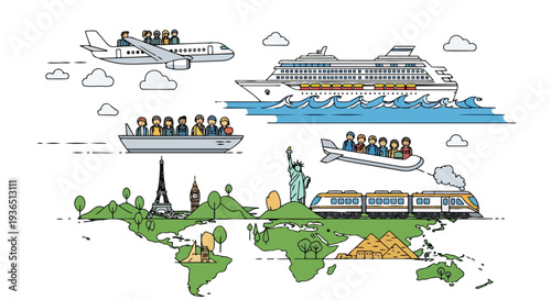 Flat 2D illustration of world travel concept with various transportation modes and landmarks on a white background