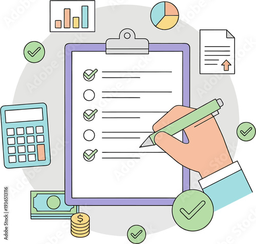 Business Checklist Clipboard Financial Audit Accounting Flat Design Vector Illustration