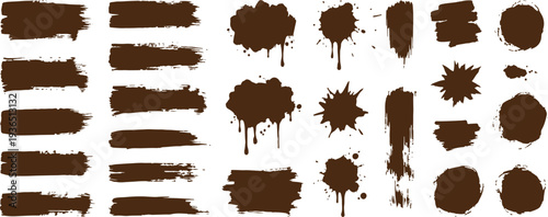 Bold brush strokes, smears and mud marks collection. Grunge ink splatters, calligraphy or graffiti strokes. Brush drawn vector sketch elements for street art design and grunge punk illustrations.