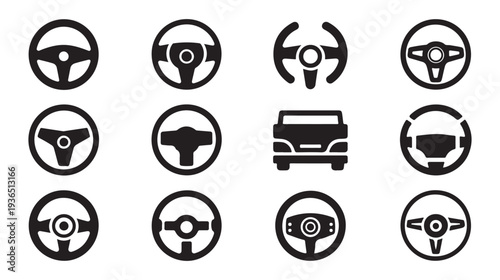 Set steering wheel icons for car interface different types modern and vintage vector art