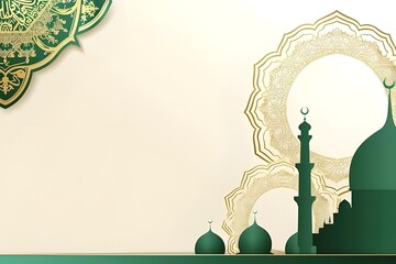 Islamic cultural background design with green mosque domes and ornate Arabic patterns