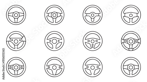 Modern steering wheel collection with diverse button layouts and spoke patterns for car dashboard interface
