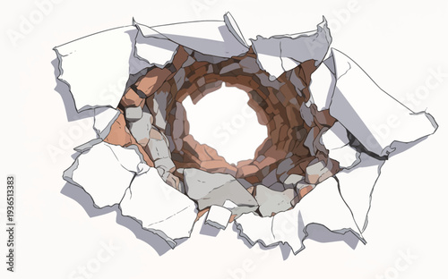 A hole in a wall shows stones and bricks inside. The broken pieces are scattered around the opening at a building site.
