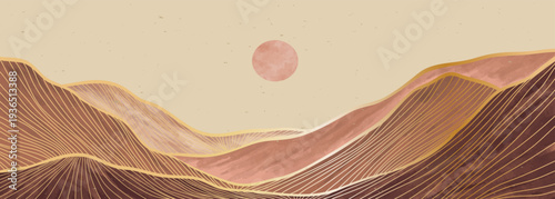 Mountain landscape watercolor painting illustration with line art pattern. Abstract contemporary aesthetic backgrounds landscapes. mountains, hills, sun and skyline