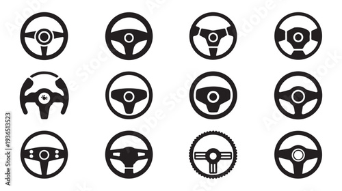 Solid black steering wheel silhouette collection for car icons and automotive identity branding set vector