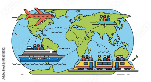 Flat 2D illustration of a colorful world map with a train, airplane, and cruise ship, representing travel and global transportation.