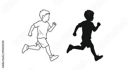 Two boys running one line art and one dark form silhouette