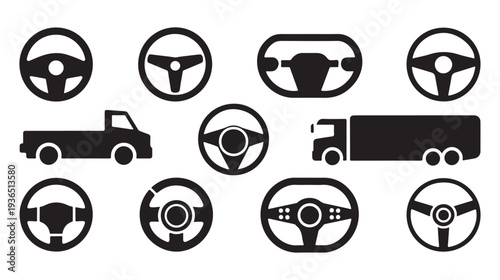 Modern and classic steering wheel icons for automotive and transportation graphic design