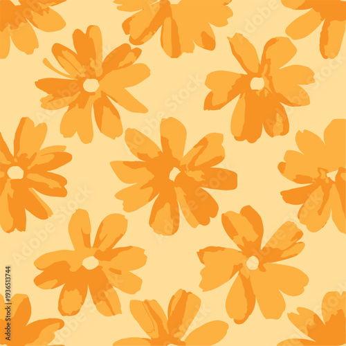 Hand-painted yellow floral seamless pattern with brush stroke texture. Retro aesthetic daisy flower pattern in warm orange and mustard tones. Abstract floral textile design with organic painted shapes